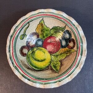 Vintage Mexican Pottery Bowl Hand Painted Fruit Ruffled Edge Tonala Style 6"